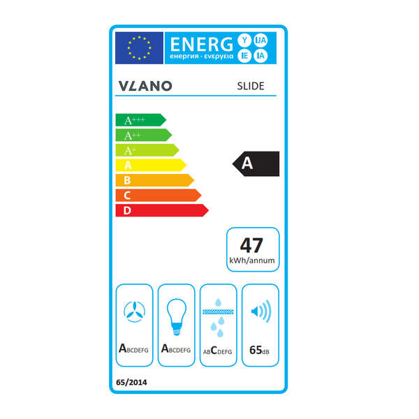 Energielabel für Dunstabzugshaube, Energieeffizienzklasse A, jährlicher Energieverbrauch 47 Kilowattstunden, Geräuschentwicklung 65 Dezibel