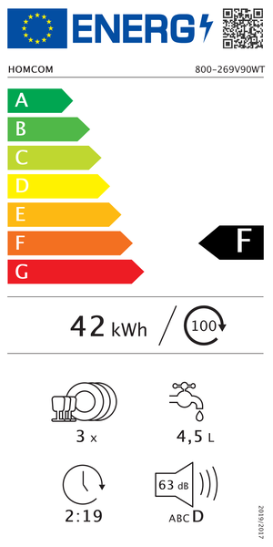 Energielabel HOMCOM 800-269V90WT. Energieeffizienzklasse F. 42 Kilowattstunden pro 100 Zyklen. 3 Maßgedecke, 4,5 Liter Wasser, 63 Dezibel.