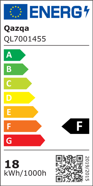 EU-Energielabel für Qazqa Modell QL7001455, Energieeffizienzklasse F, Energieverbrauch 18 Kilowattstunden pro 1000 Stunden.