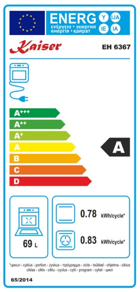 EU Energieeffizienzlabel für Kaiser EH 6367 Backofen mit Energieeffizienzklasse A und 69 Liter Fassungsvermögen.
