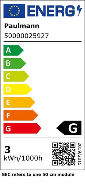 Energielabel der Europäischen Union für Paulmann Produkt 50000025927. Energieeffizienzklasse G. Verbrauch 3 Kilowattstunden pro 1000 Stunden.