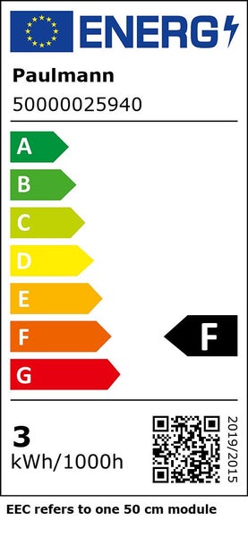 EU-Energielabel Paulmann 50000025940, Klasse F, 3 Kilowattstunden pro 1000 Stunden. Angabe bezieht sich auf ein 50 Zentimeter Modul.