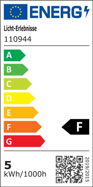 EU Energieeffizienzlabel der Klasse F für das Produkt Licht Erlebnisse 110944 mit einem Verbrauch von 5 Kilowattstunden pro 1000 Stunden
