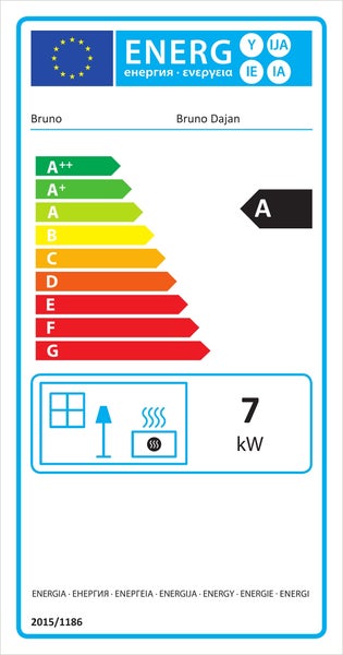 EU Energieeffizienzlabel für Bruno Dajan Kaminofen mit Energieeffizienzklasse A und 7 kW Heizleistung