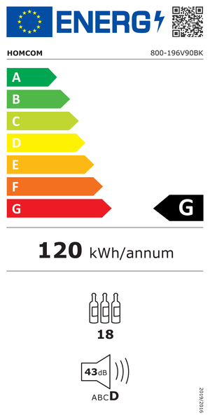 Energielabel HOMCOM 800-196V90BK, Energieeffizienzklasse G, 120 Kilowattstunden pro Jahr, Kapazität 18 Flaschen, 43 Dezibel Klasse D.