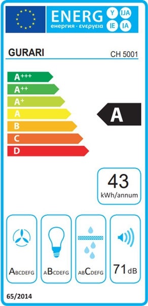 EU Energieeffizienzlabel für Gurari Dunstabzugshaube CH 5001 mit Effizienzklasse A und Energieverbrauch von 43 Kilowattstunden pro Jahr.