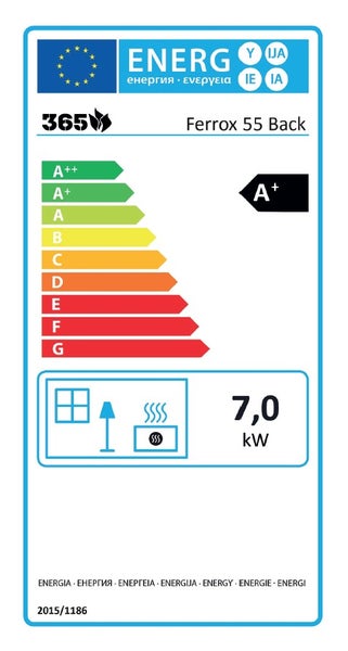 365 Logo, Energielabel der Europäischen Union für Ferrox 55 Back mit Energieeffizienzklasse A plus und einer Wärmeleistung von 7,0 Kilowatt.