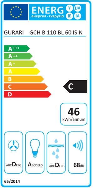 EU Energieeffizienzlabel für Gurari Dunstabzugshaube GCH B 110 BL 60 IS N mit Energieeffizienzklasse C und 46 Kilowattstunden pro Jahr.