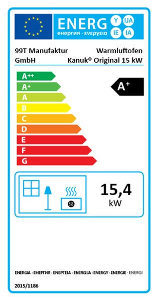 Europäisches Energielabel für Warmluftofen Kanuk Original 15 Kilowatt von 99T Manufaktur, Energieeffizienzklasse A plus, 15,4 Kilowatt.