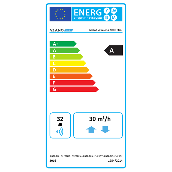 Energielabel für Vlano AURA Wireless 100 Ultra: Energieeffizienzklasse A, Geräuschpegel 32 Dezibel, Luftfördermenge 30 Kubikmeter pro Stunde