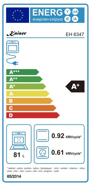 Kaiser Energieeffizienzlabel für Backofen EH 6347 mit Klasse A plus, Nutzinhalt 81 Liter und Stromverbrauch pro Zyklus.