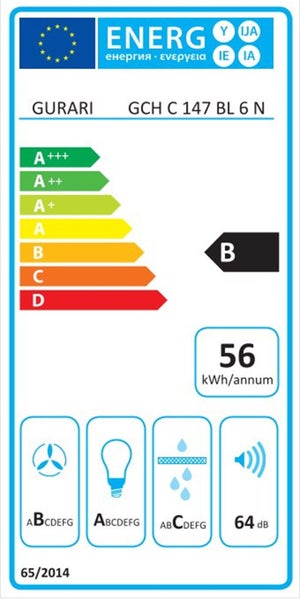 EU Energieeffizienzlabel der Gurari Dunstabzugshaube GCH C 147 BL 6 N mit Energieeffizienzklasse B und einem Energieverbrauch von 56 kWh pro Jahr.
