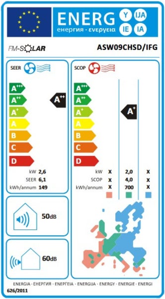 EU-Energielabel für FM-SOLAR Klimaanlage ASW09CHSD/IFG, Energieeffizienzklasse A plus plus beim Kühlen und A plus beim Heizen.