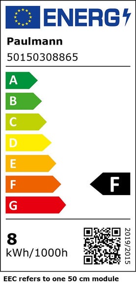 Energieeffizienzlabel der Europäischen Union für Paulmann 50150308865: Klasse F, 8 Kilowattstunden pro 1000 Stunden. Gilt für 50 Zentimeter.