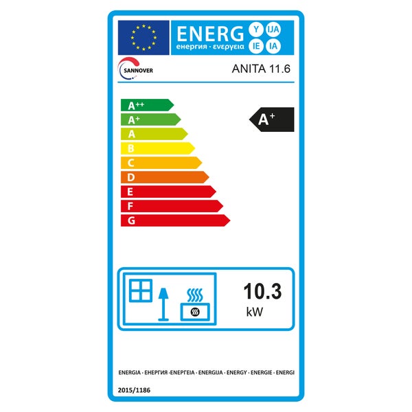 Energielabel für Sannover Anita 11.6. Energieeffizienzklasse A plus auf einer Skala von A doppelt plus bis G. Wärmeleistung 10.3 Kilowatt.