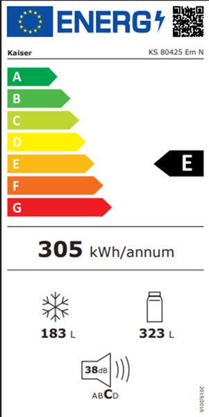 Energieeffizienzlabel fuer Kaiser Kuehl-Gefrierkombination KS 80425 Em N mit Energieeffizienzklasse E und 305 Kilowattstunden pro Jahr.