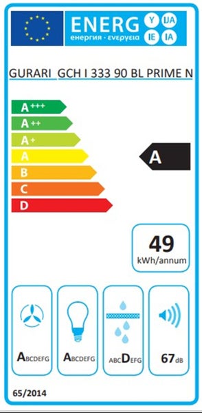 EU Energielabel für Gurari Dunstabzugshaube GCH I 333 90 BL PRIME N mit Energieeffizienzklasse A und 49 Kilowattstunden pro Jahr Verbrauch.