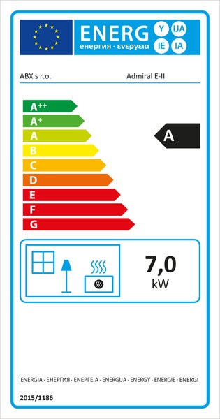 Energieeffizienzlabel für den Kaminofen Admiral E-II der Firma ABX, Energieeffizienzklasse A, Nennwärmeleistung 7,0 Kilowatt.