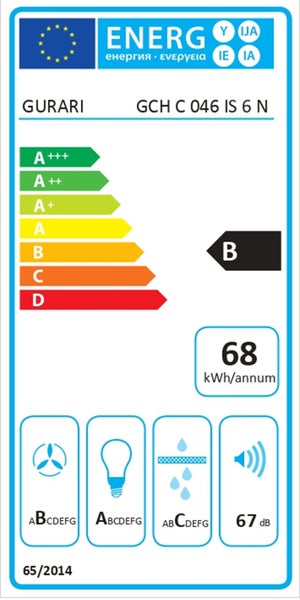 EU Energieeffizienzlabel für Gurari Dunstabzugshaube GCH C 046 IS 6 N mit Energieeffizienzklasse B und 68 Kilowattstunden pro Jahr.