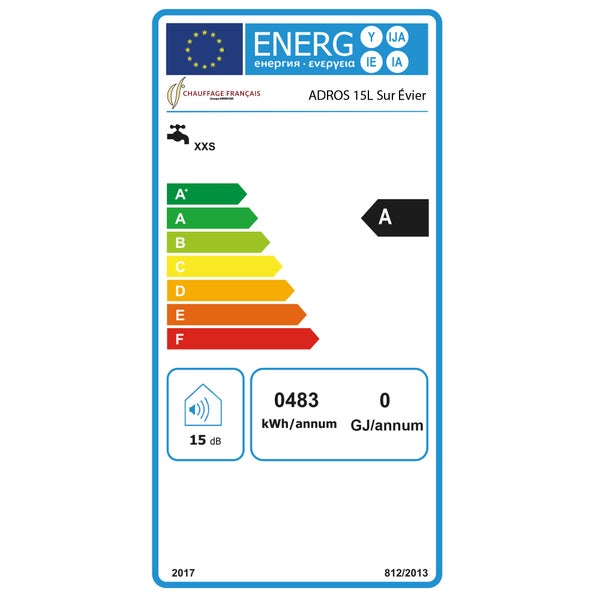 Energielabel für den Warmwasserbereiter ADROS 15L Sur Évier