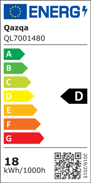 EU-Energieetikett für Qazqa QL7001480, Energieeffizienzklasse D, Energieverbrauch 18 Kilowattstunden pro 1000 Stunden.
