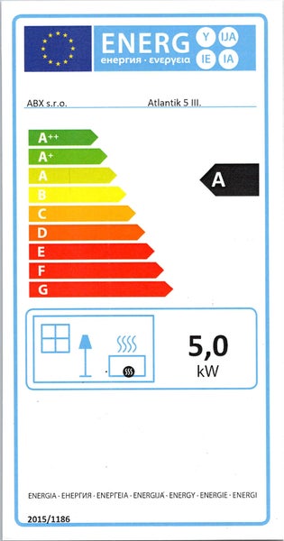 EU Energieeffizienzlabel für den Kaminofen ABX Atlantik 5 III mit Energieeffizienzklasse A und einer Nennwärmeleistung von 5,0 Kilowatt.