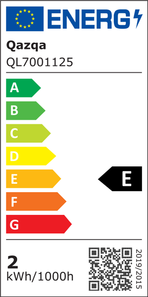 Energielabel der Europäischen Union für Qazqa QL7001125, Energieeffizienzklasse E, Verbrauch 2 Kilowattstunden pro 1000 Stunden.