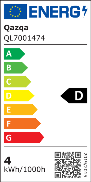 EU Energieeffizienzlabel fuer Qazqa QL7001474 mit Energieeffizienzklasse D und einem Verbrauch von 4 Kilowattstunden pro 1000 Stunden.