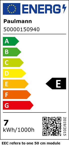 Energieeffizienzlabel von Paulmann für Modell 50000150940 mit Energieeffizienzklasse E und 7 Kilowattstunden pro 1000 Stunden.