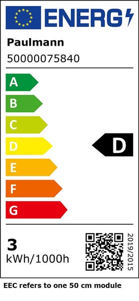 Energielabel für Paulmann 50000075840, Energieeffizienzklasse D, Energieverbrauch 3 Kilowattstunden pro 1000 Stunden.