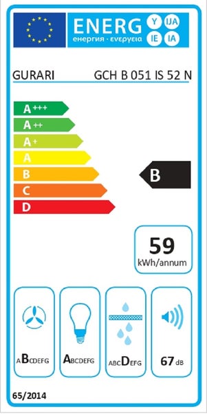 EU Energieeffizienzlabel für Gurari Dunstabzugshaube GCH B 051 IS 52 N mit Energieeffizienzklasse B und Jahresverbrauch 59 Kilowattstunden