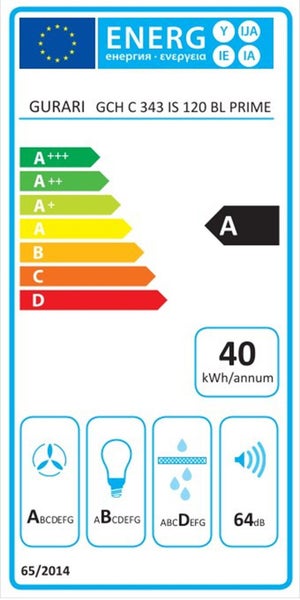 Energieeffizienzlabel für Dunstabzugshaube Gurari GCH C 343 IS 120 BL Prime mit Energieeffizienzklasse A und 40 Kilowattstunden pro Jahr.