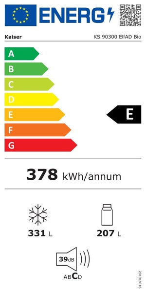 Energieeffizienzlabel fuer Kaiser Kuehlschrank KS 90300 ElfAD Bio mit Energieeffizienzklasse E und Geraeuschemission 39 Dezibel.