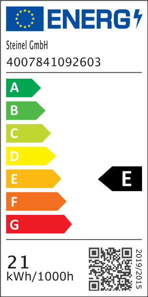 EU Energieetikett Steinel GmbH 4007841092603. Energieeffizienzklasse E. Energieverbrauch 21 Kilowattstunden pro 1000 Stunden.