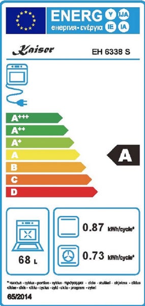 EU Energieeffizienzlabel für Kaiser EH 6338 S Backofen der Energieeffizienzklasse A mit 68 Liter Volumen.