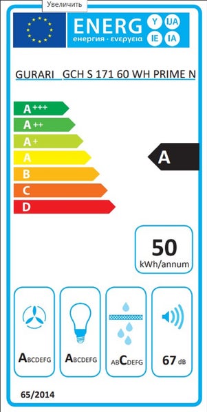 EU Energieeffizienzlabel fuer Dunstabzugshaube Gurari GCH S 171 60 WH PRIME N mit Effizienzklasse A und 50 Kilowattstunden pro Jahr