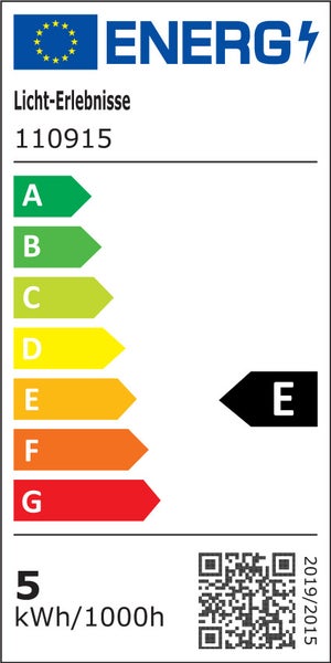 EU Energieeffizienzlabel für Licht-Erlebnisse 110915, Energieeffizienzklasse E, Energieverbrauch 5 Kilowattstunden pro 1000 Stunden.