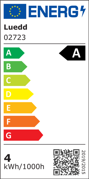 Europäisches Energielabel für Luedd 02723, Energieeffizienzklasse A, Energieverbrauch 4 Kilowattstunden pro 1000 Stunden.