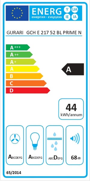 EU Energieeffizienzlabel für Gurari Dunstabzugshaube GCH E 217 52 BL PRIME N mit Energieeffizienzklasse A und 44 Kilowattstunden pro Jahr