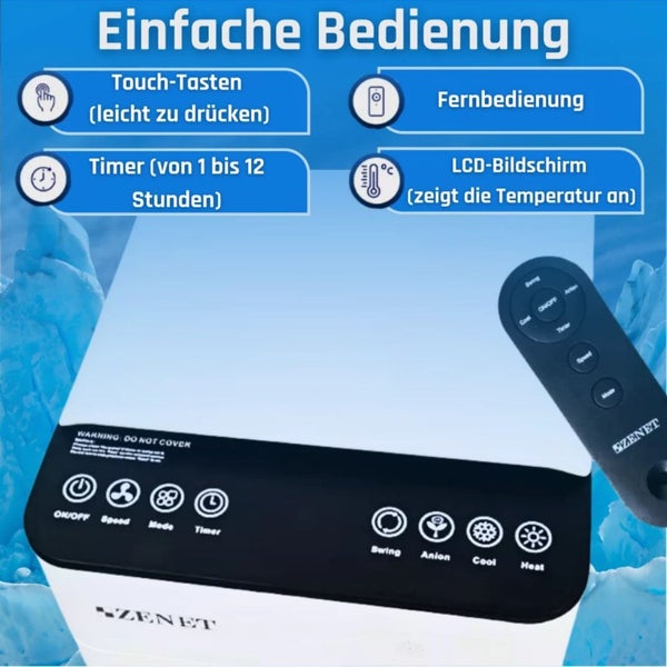 Mobiler Luftkühler Zenet ZET-480 mit Heizfunktion, Luftbefeuchter & Luftreiniger – tragbares Klimagerät für Räume, 4-in-1, energieeffizient