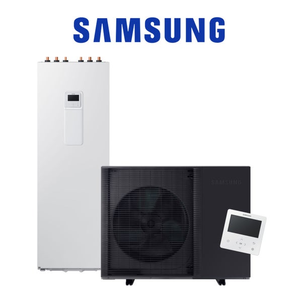 Samsung Logo, Wärmepumpe bestehend aus Innengerät, Außengerät und Fernbedienung