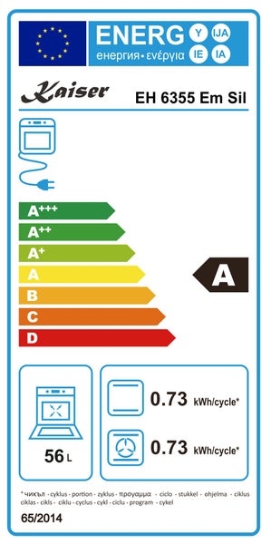 EU Energieeffizienzlabel fuer Kaiser EH 6355 Em Sil Backofen mit Energieeffizienzklasse A und 56 Liter Garraumvolumen.