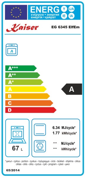 EU Energieeffizienzlabel für den Kaiser Backofen Modell EG 6345 ElfEm mit Energieeffizienzklasse A und einem Volumen von 67 Litern.