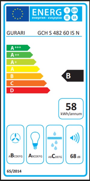 EU Energieeffizienzlabel für Gurari Dunstabzugshaube GCH S 482 60 IS N mit Energieeffizienzklasse B und jährlichem Energieverbrauch von 58 kWh.