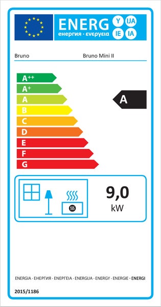 Energieeffizienzlabel für Bruno Mini II, Energieeffizienzklasse A, Wärmeleistung 9,0 Kilowatt.