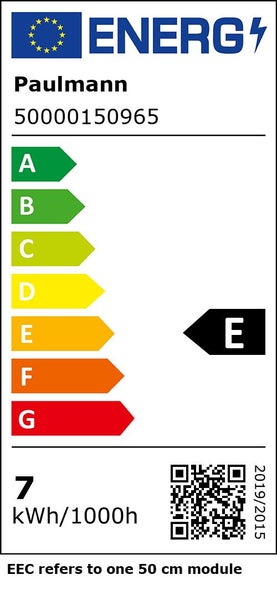 EU-Energielabel für Paulmann Produkt 50000150965, Energieeffizienzklasse E, Energieverbrauch 7 Kilowattstunden pro 1000 Stunden.