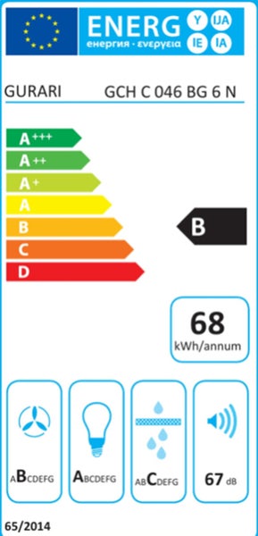 EU Energieeffizienzlabel fuer Gurari GCH C 046 BG 6 N Dunstabzugshaube mit Energieeffizienzklasse B und Energieverbrauch von 68 kWh pro Jahr.