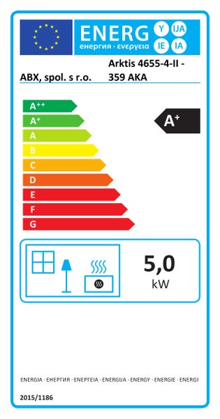 Energieeffizienzlabel für ABX Arktis 4655-4-II 359 AKA Kaminofen mit Energieeffizienzklasse A plus und 5 Kilowatt Heizleistung.
