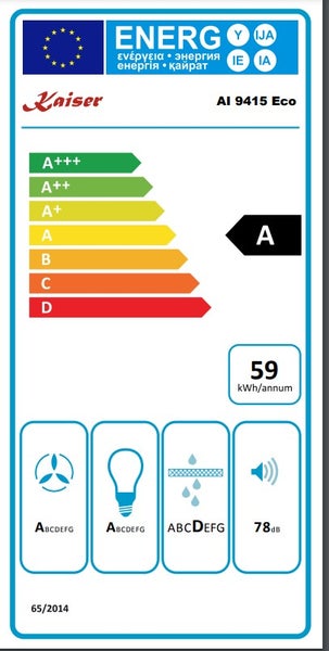 EU Energieeffizienzlabel fuer Kaiser Dunstabzugshaube AI 9415 Eco mit Energieeffizienzklasse A und 59 Kilowattstunden pro Jahr Verbrauch.