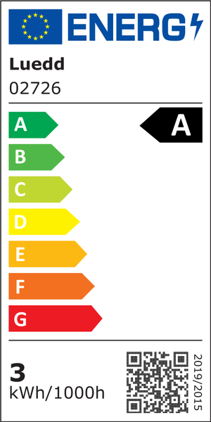 Europäisches Energielabel für Luedd 02726, Energieeffizienzklasse A, Verbrauch 3 Kilowattstunden pro 1000 Stunden.